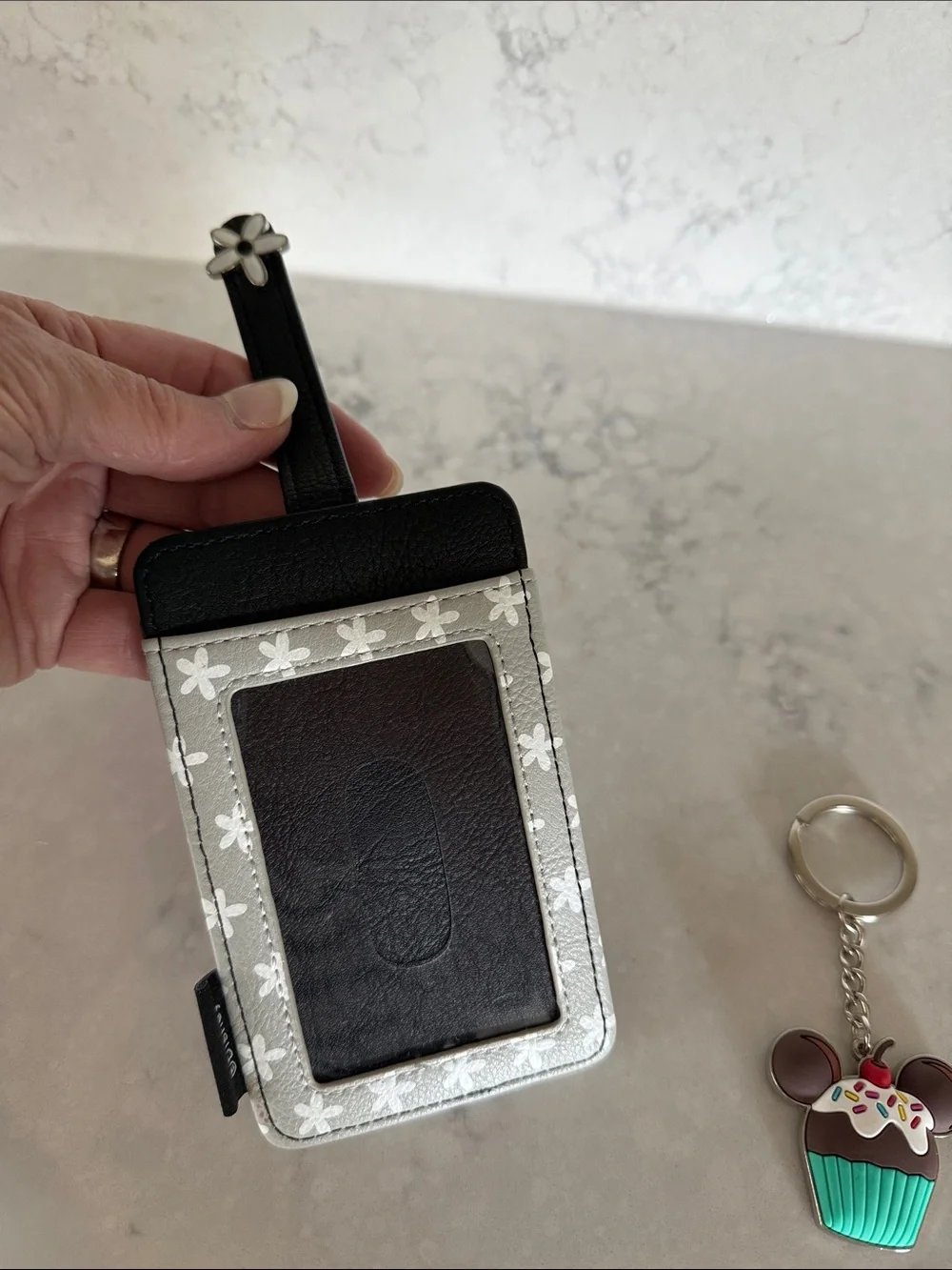 Minnie Mouse Gray & White Card Wallet Case (5x3”) and Cupcake Minnie Keychain